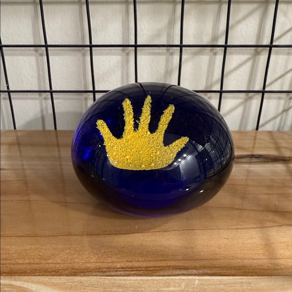 Elegant Blue Glass Art with Golden Handprint